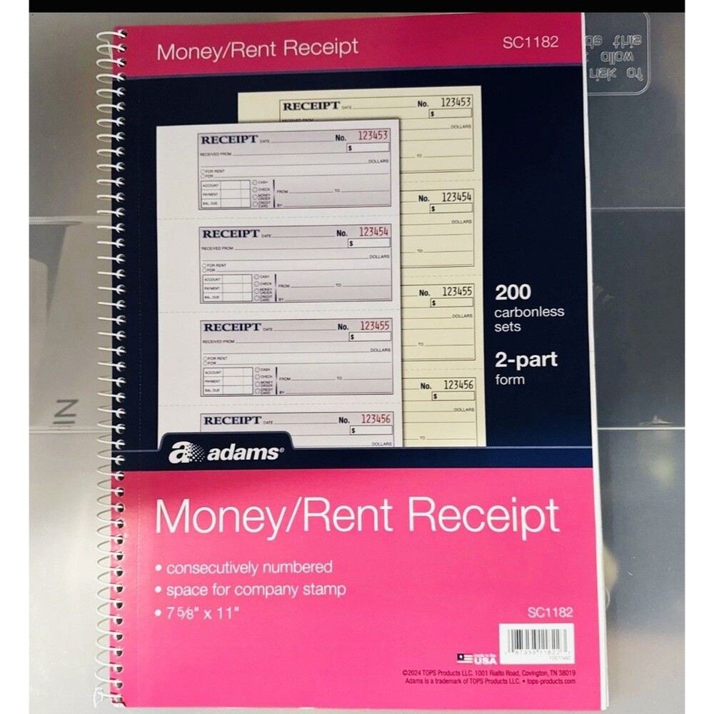 Money and Rent Receipt Book, 2-Part Carbonless, 7-5/8" x 11", Spiral Bound, 200